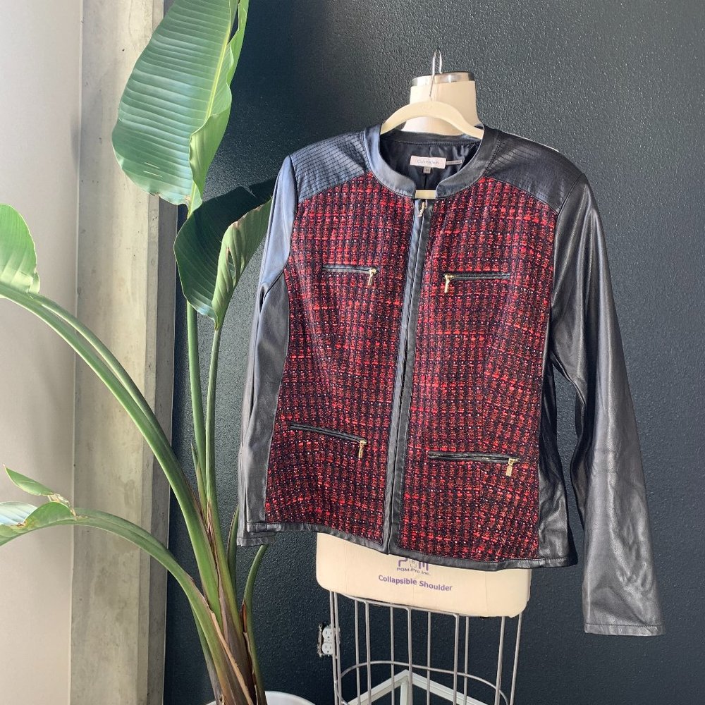 Calvin Klein Red Tweed + Faux Leather Moto Jacket